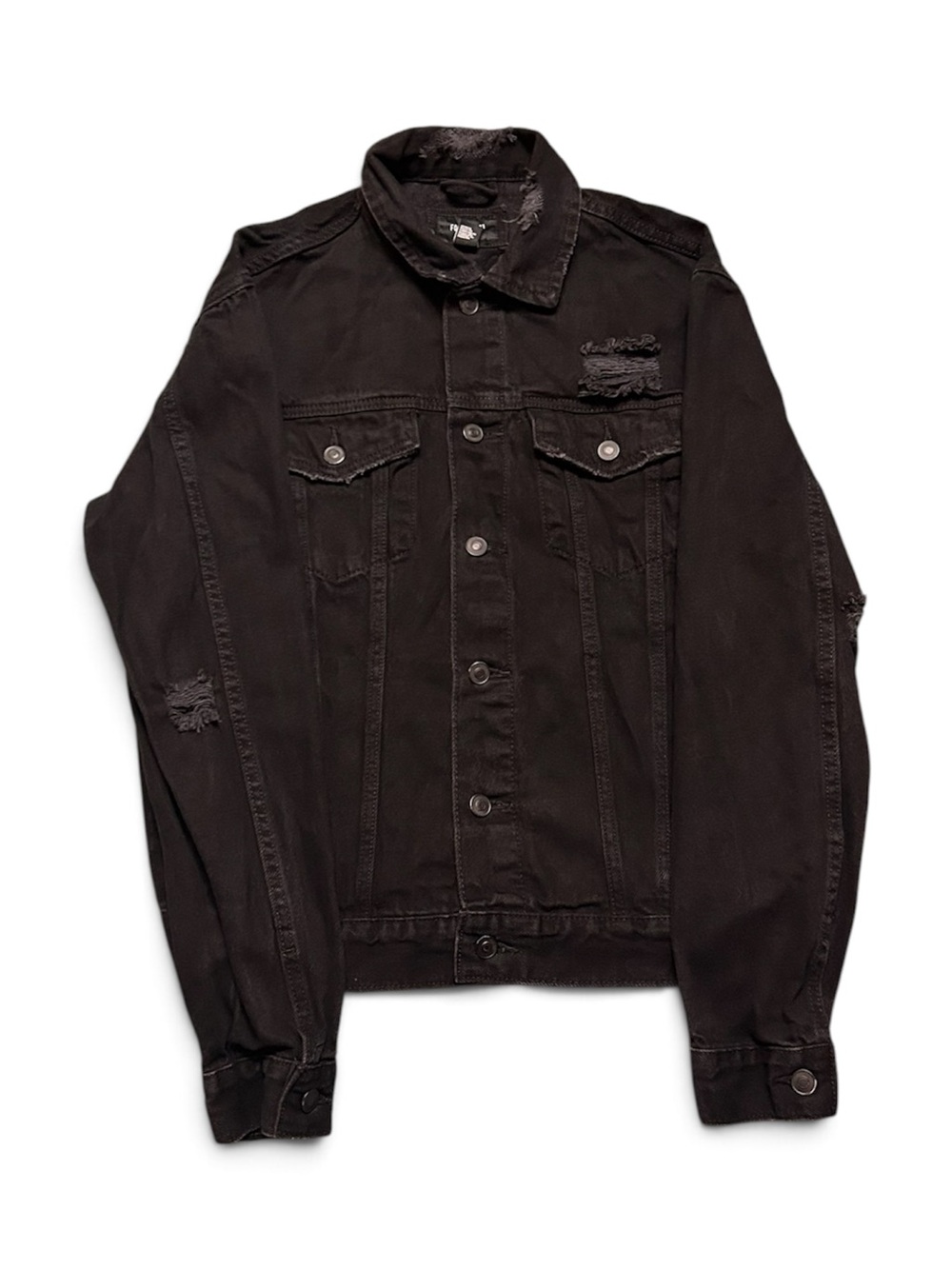 Forever 21 Men's Black Distressed Denim Trucker Jacket Size M Ripped